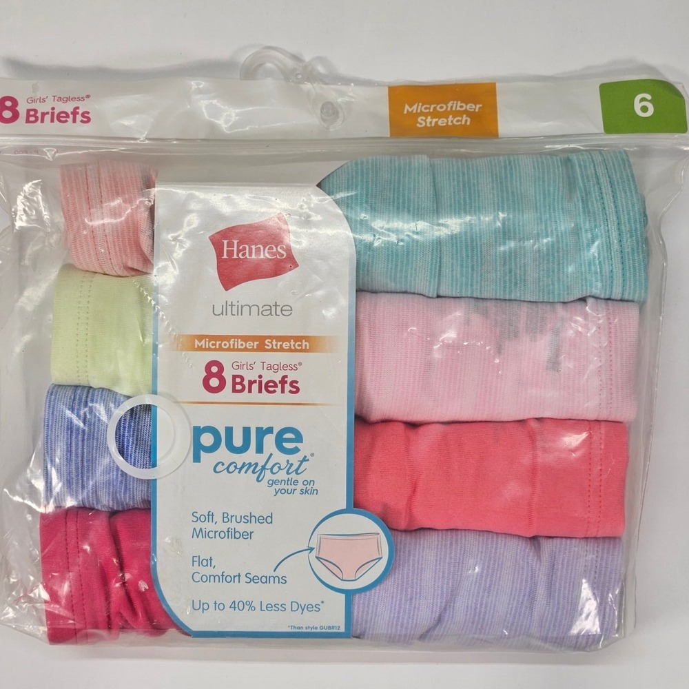 Hanes Girls Ultimate Microfiber Stretch‎ 8 Briefs Pure Comfort Tagless Size 6